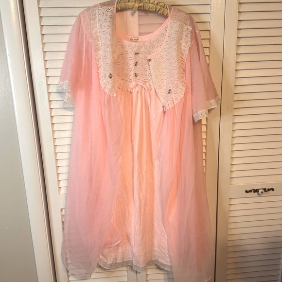 Lane Bryant Other - VTG LANE BRYANT Chiffon Peignoir Baby Pink Set with Lace & Rosette Detail SZ XL